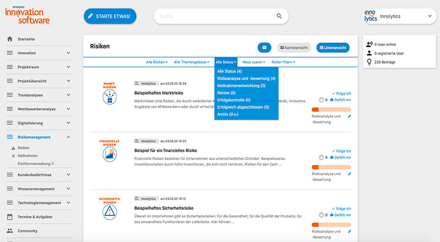 Die Abbildung zeigt einen Screenshot mit der Beitragsübersicht der Innolytics Workflow-Software