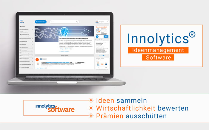 Die Grafik zeigt die Innolytics Ideenmanagement Software und beschreibt ihre Vorteile